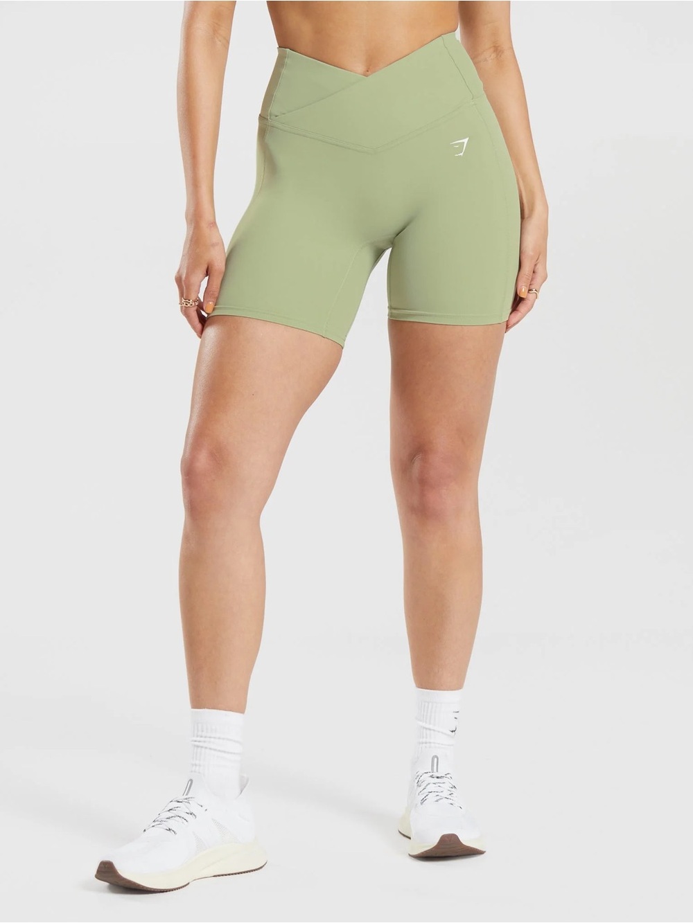 NWT Gymshark Crossover Shorts Light Sage Green Medium High Waist Bike Shorts